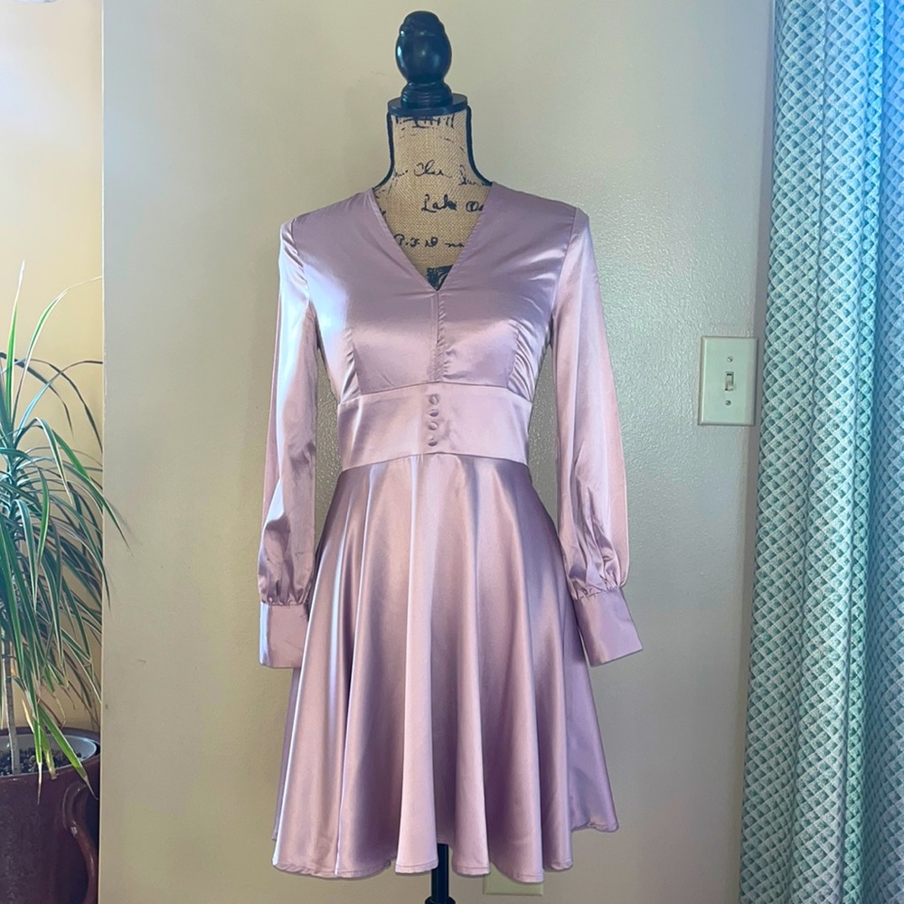 Blush Pink Long Sleeve Satin Dress